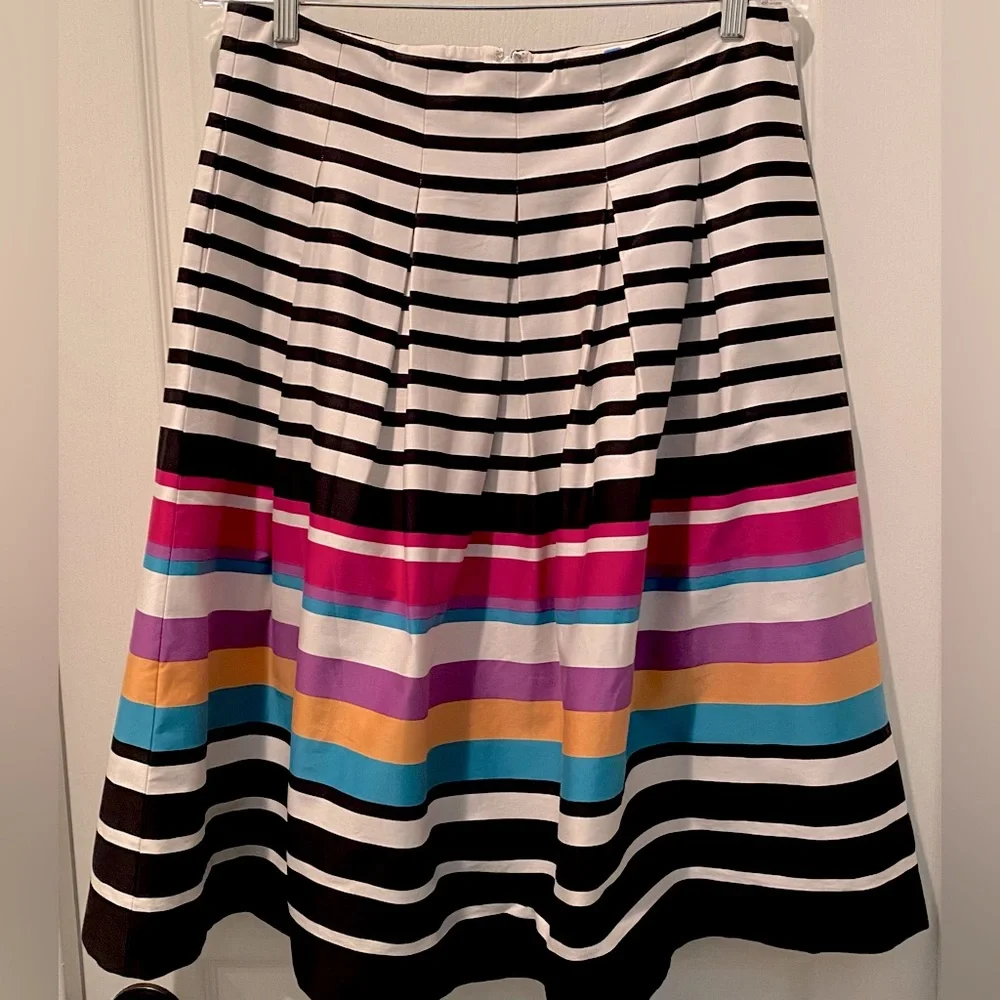Banana Republic Pleated Skirt Black & White Stripes Bursts To A Rainbow of Color